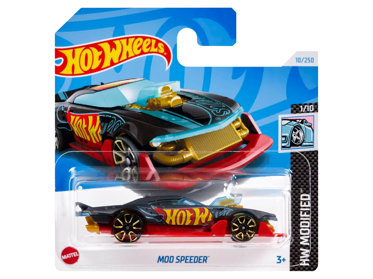 Toy car packaging with a black and red car, 'MOD SPEEDER' text, and age 3+.
