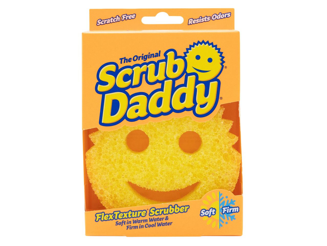 Опаковка на Scrub Daddy с жълта гъба с усмихнато лице.