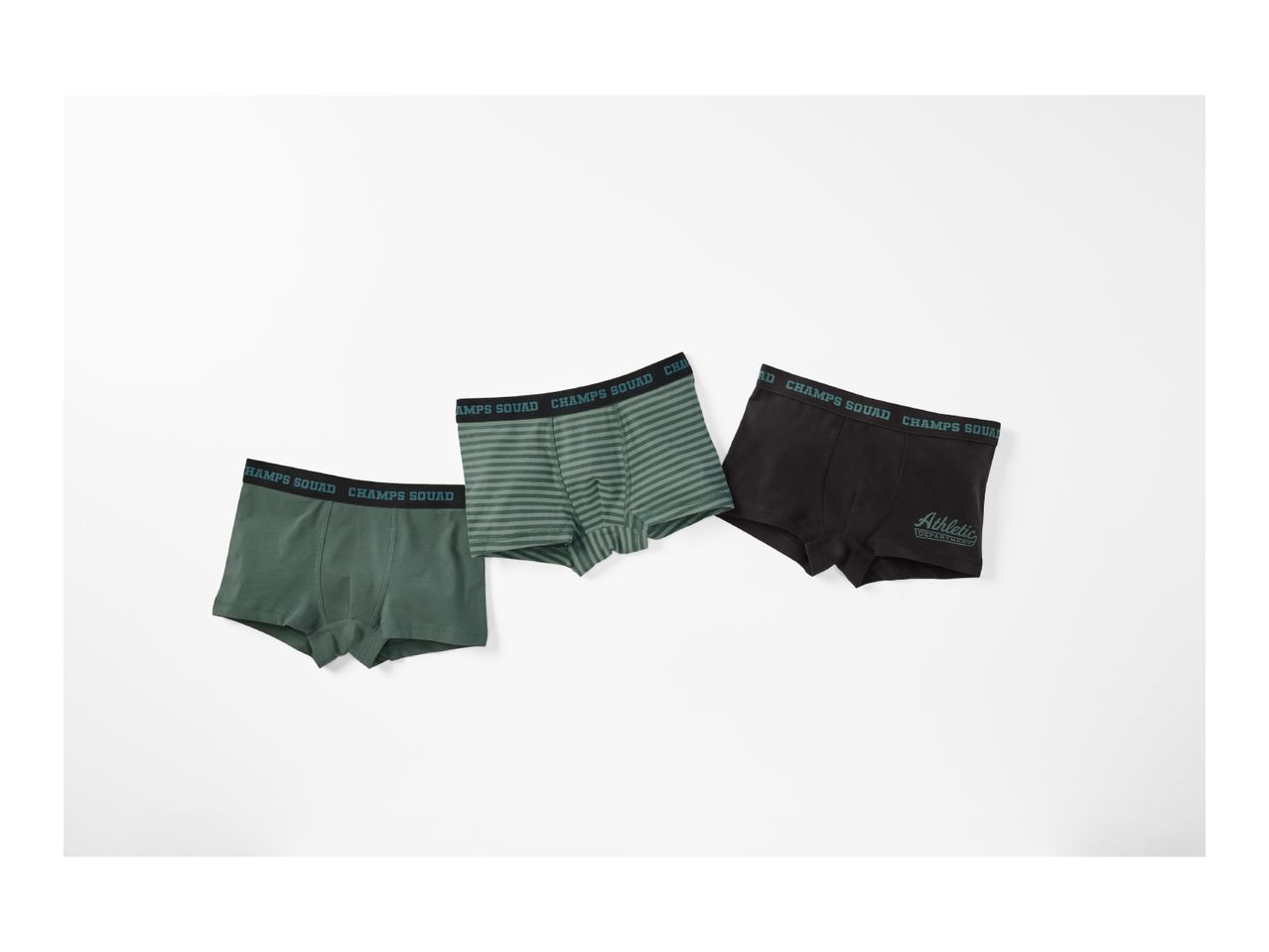 Three pairs of men's boxers: green, striped green, and black with 'Athletic Department' text.
