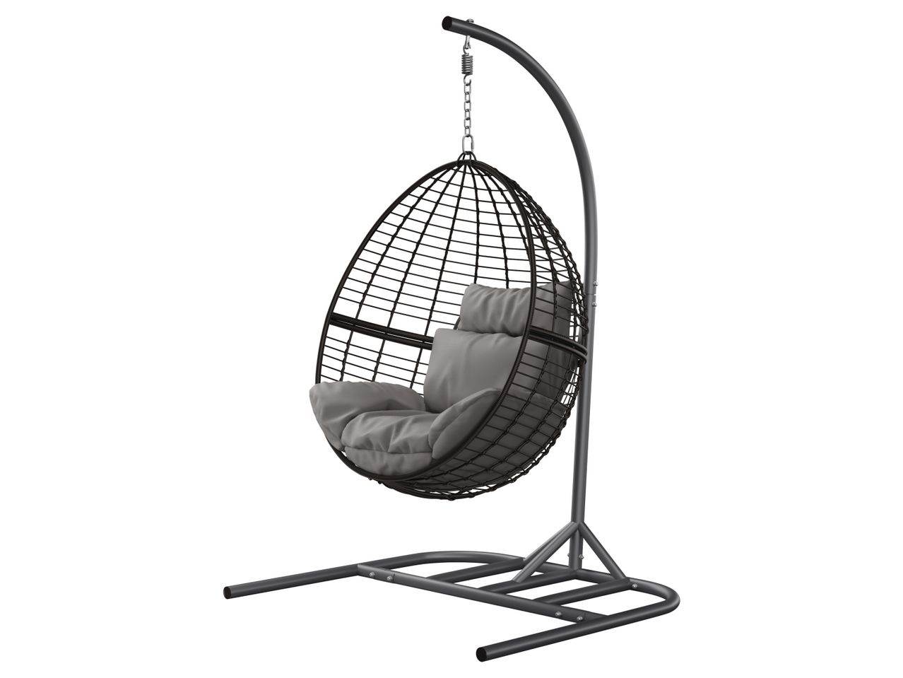 Modern rattan hanging chair with cushions.