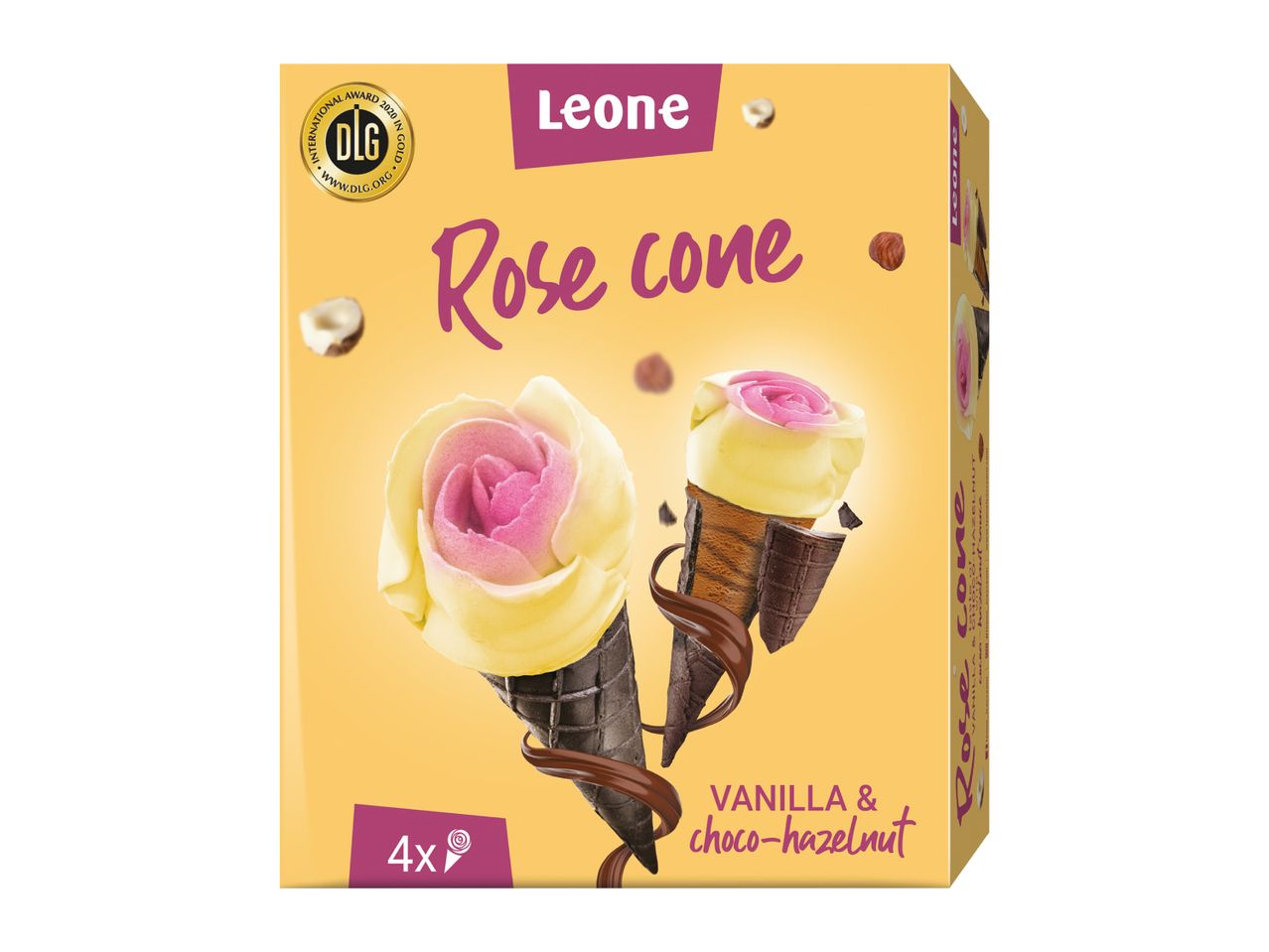 Box of four rose-shaped vanilla and choco-hazelnut ice cream cones.