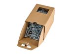 A cardboard box filled with silver screws and a screwdriver bit, isolated on a white background.