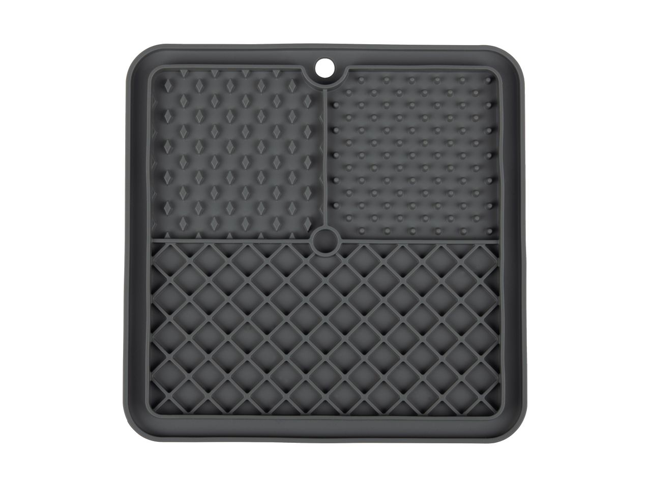 Dark grey silicone mat with three textured sections and a hanging hole.