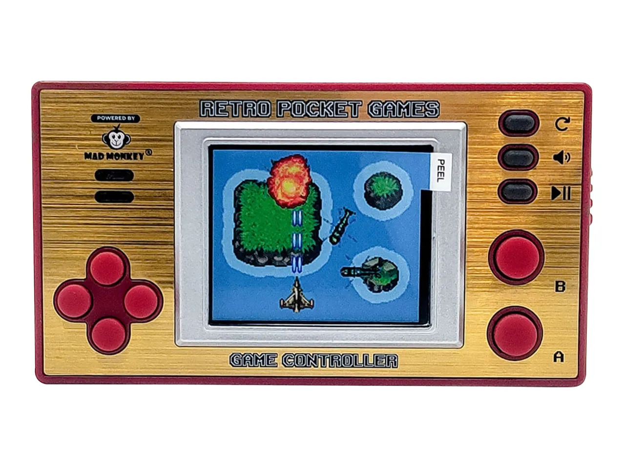 Retro pocket game console with a gold and red finish, displaying a classic arcade game.