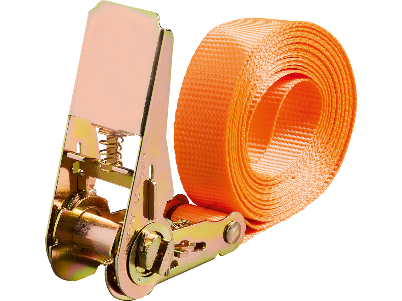 Orange ratchet strap with a metal buckle, part of the ULTIMATE SPEED® Ratchet Strap/Bungee Cord Set.