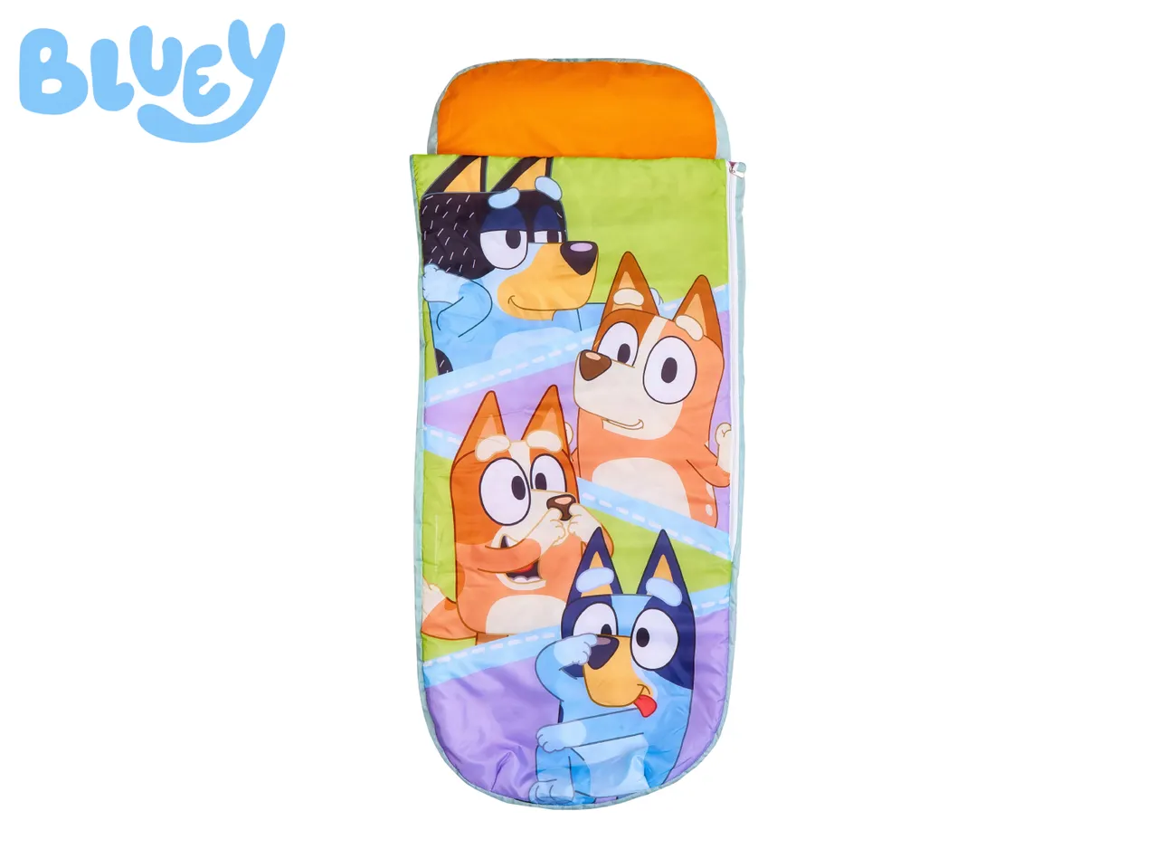 Sleeping bag with cartoon dog characters and a light blue logo.