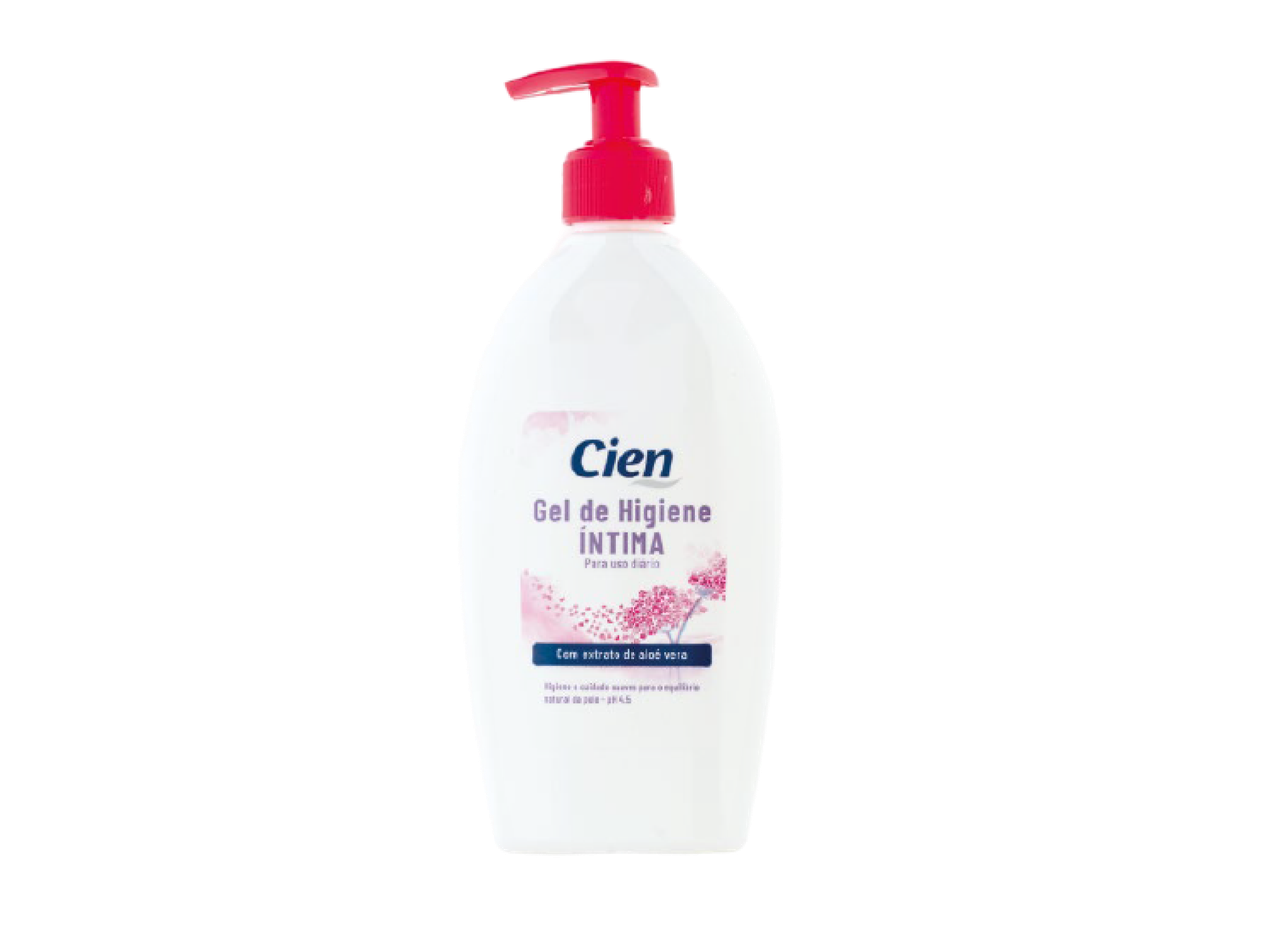 Gel de higiene íntima com extrato de aloé vera e dispensador rosa.