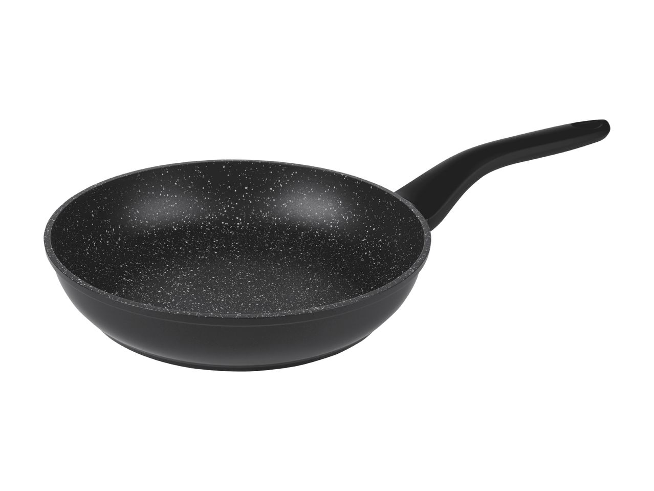 Sort stegepande med non-stick belægning og et sort håndtag.
