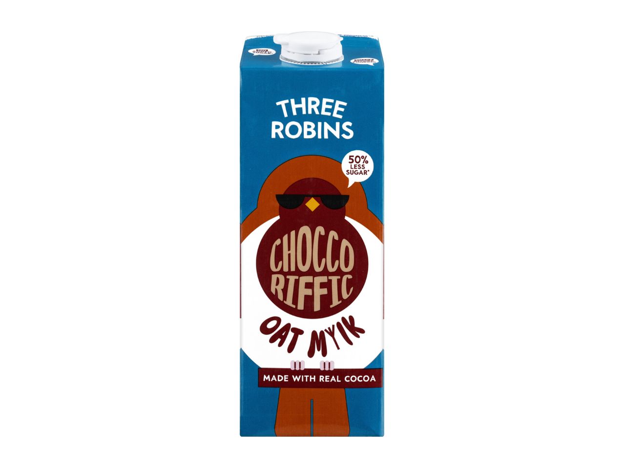 Three Robins Chocco Riffic Oat Mylk carton with a robin wearing sunglasses, 50% less sugar.