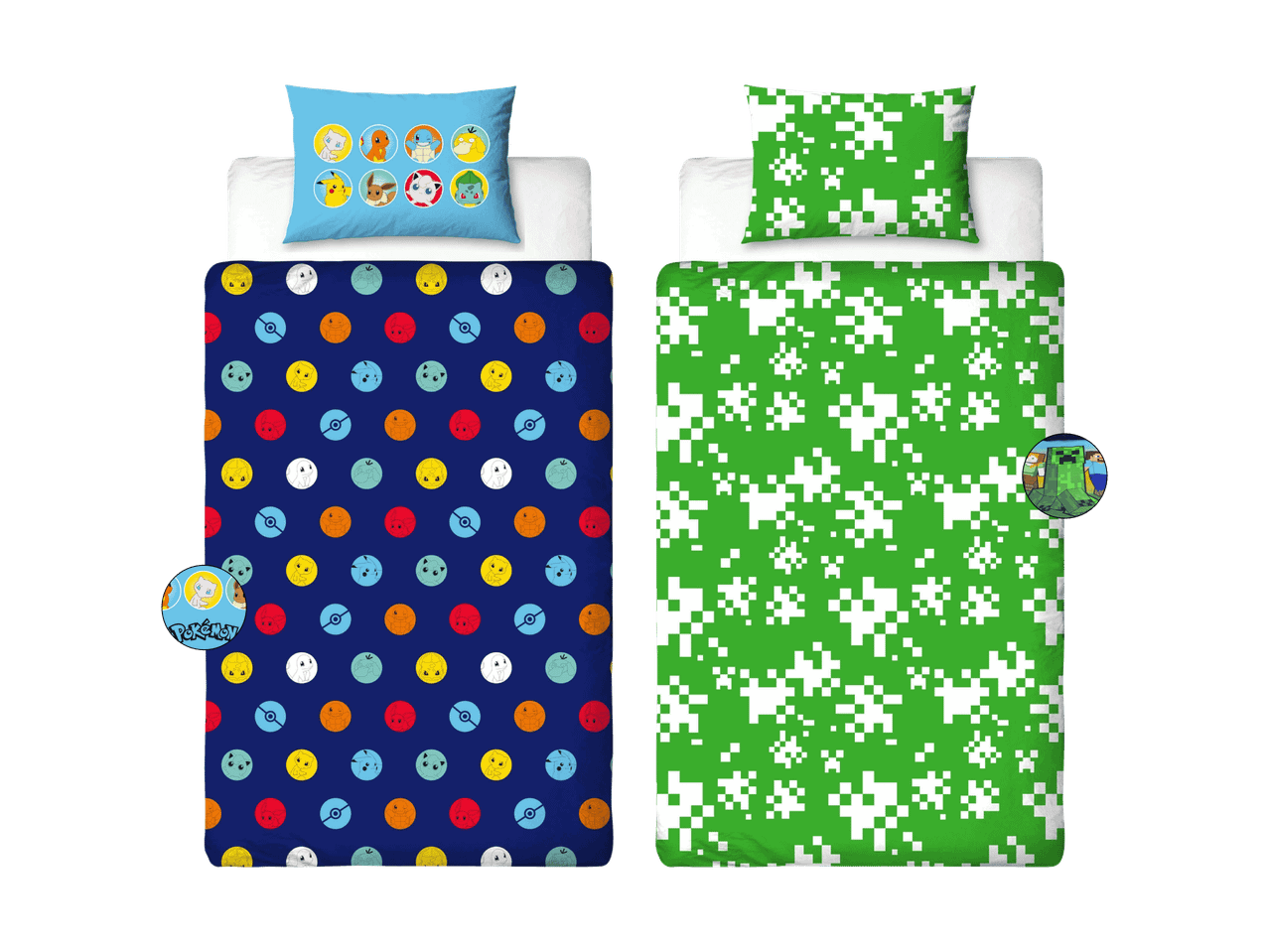 Parure de lit enfant avec motifs de personnages de dessins animés et de pixels.