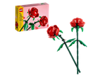 Dve crvene igračke ruže sa zelenim stabljikama i lišćem, pored kutije sa 120 delova.