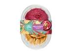 Beetroot hummus with bread chips in a clear plastic container, with a colorful label.