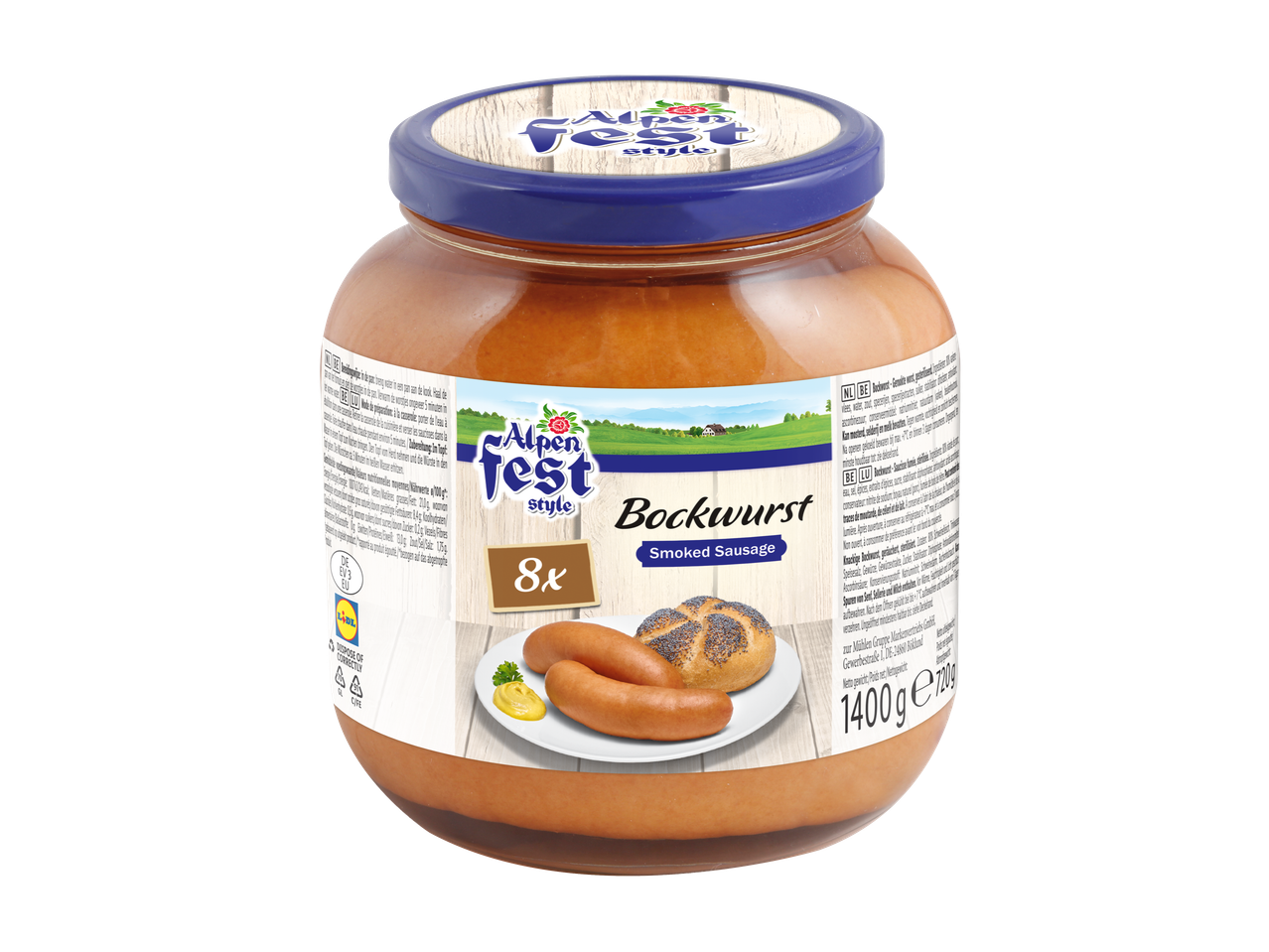 Alpen Fest Bockworst (gerookte worst) in een pot met een broodje en mosterd.