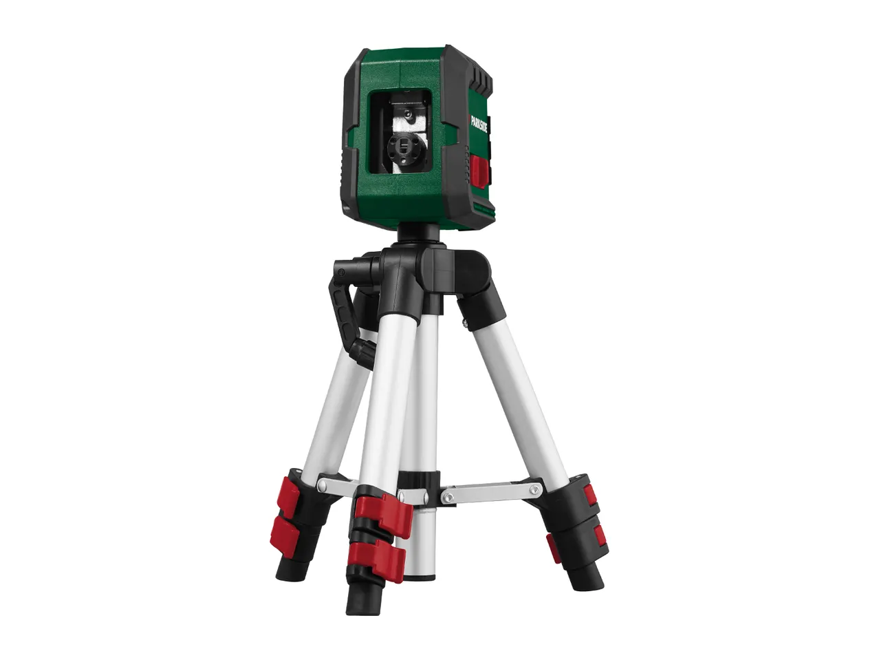 A green and black laser level on a silver and black tripod with red accents.