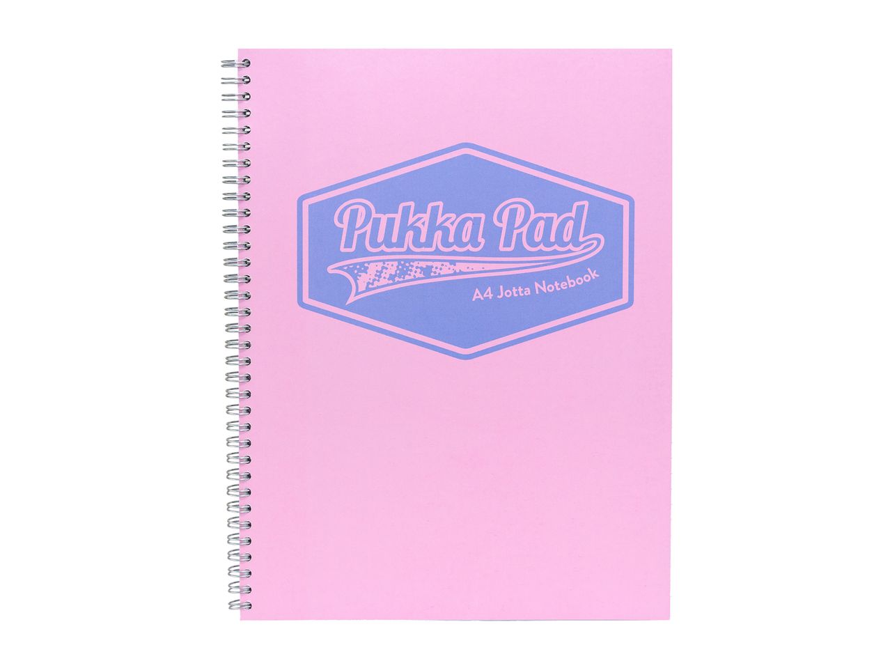 Pink A4 spiral-bound notebook with a blue and pink logo on the front cover.