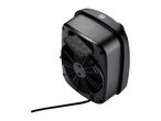 Rear view of a black fan heater with a remote control stored in its slot.