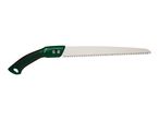 Green and black pruning saw with a long, silver blade and sharp teeth.
