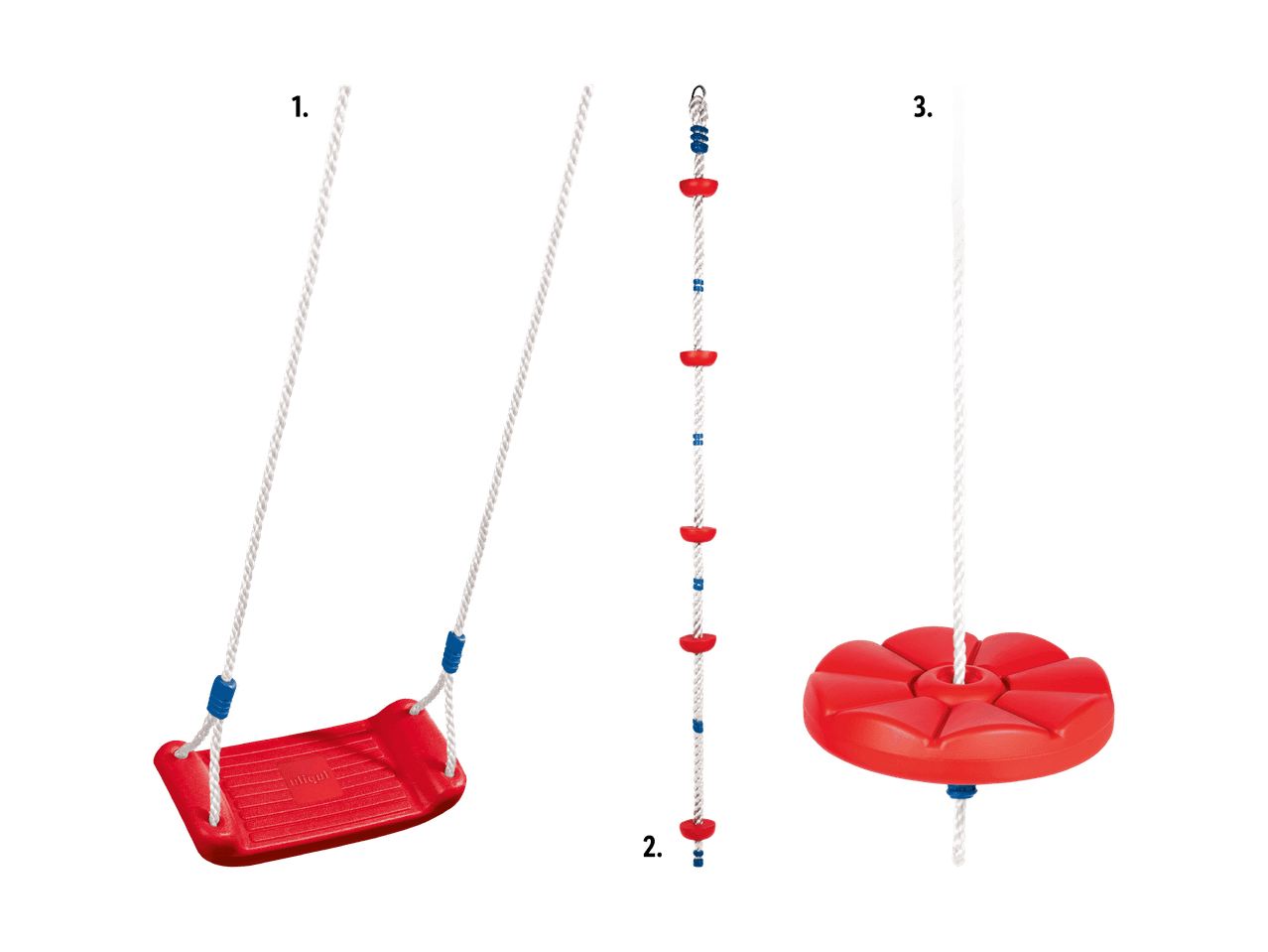 Rotes Schaukelset für Kinder, bestehend aus Brettschaukel, Strickleiter und Tellerschaukel.