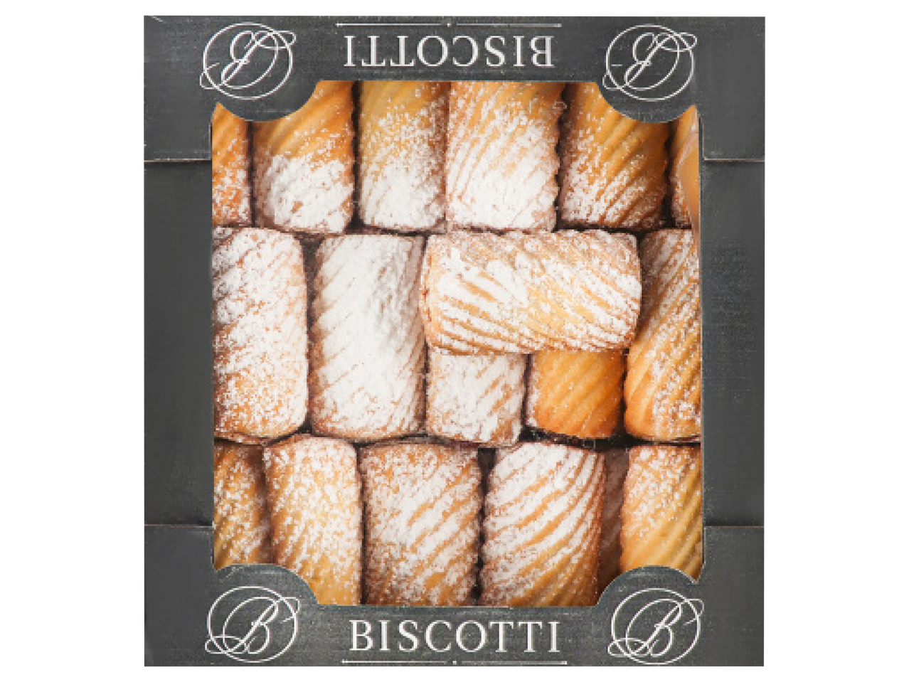 Kaste ar pūdercukurā apbērtiem cepumiem, uz kastes rakstīts 'BISCOTTI'.