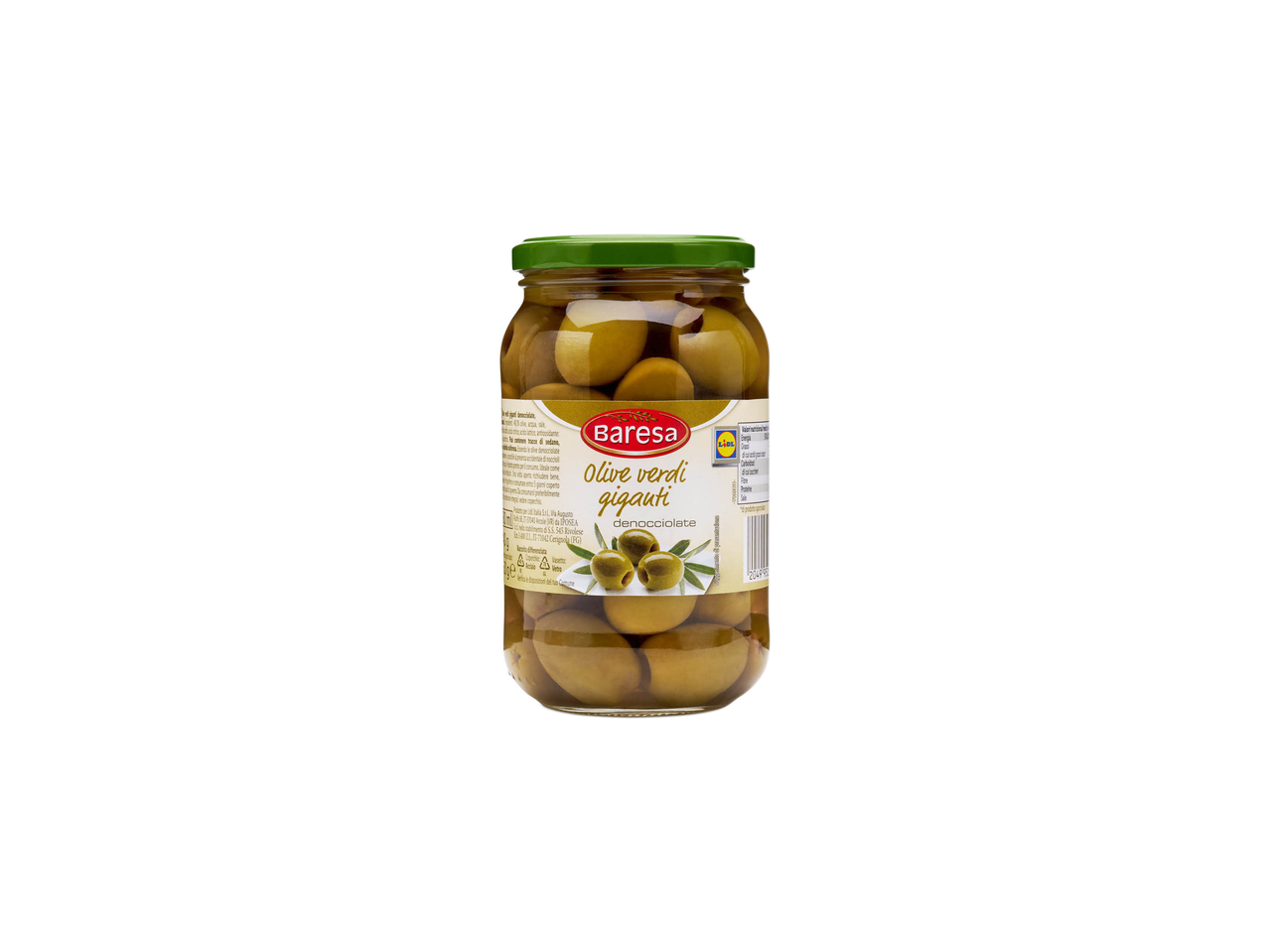 A jar of Baresa giant green olives, pitted, with a green lid.