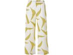 Pantaloni ampi a vita alta con stampa astratta verde oliva su sfondo bianco.