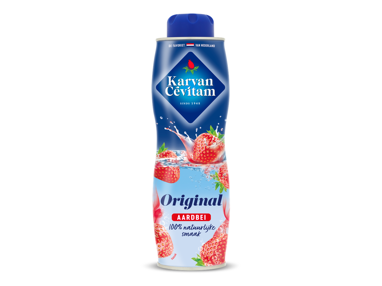 Fles aardbeiensiroop met afbeeldingen van aardbeien in opspattend water.