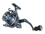 Blue and silver fishing reel with a black handle, angled to show the spool and crank.