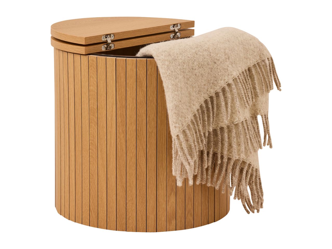 Wooden storage stool with a beige blanket draped over the side