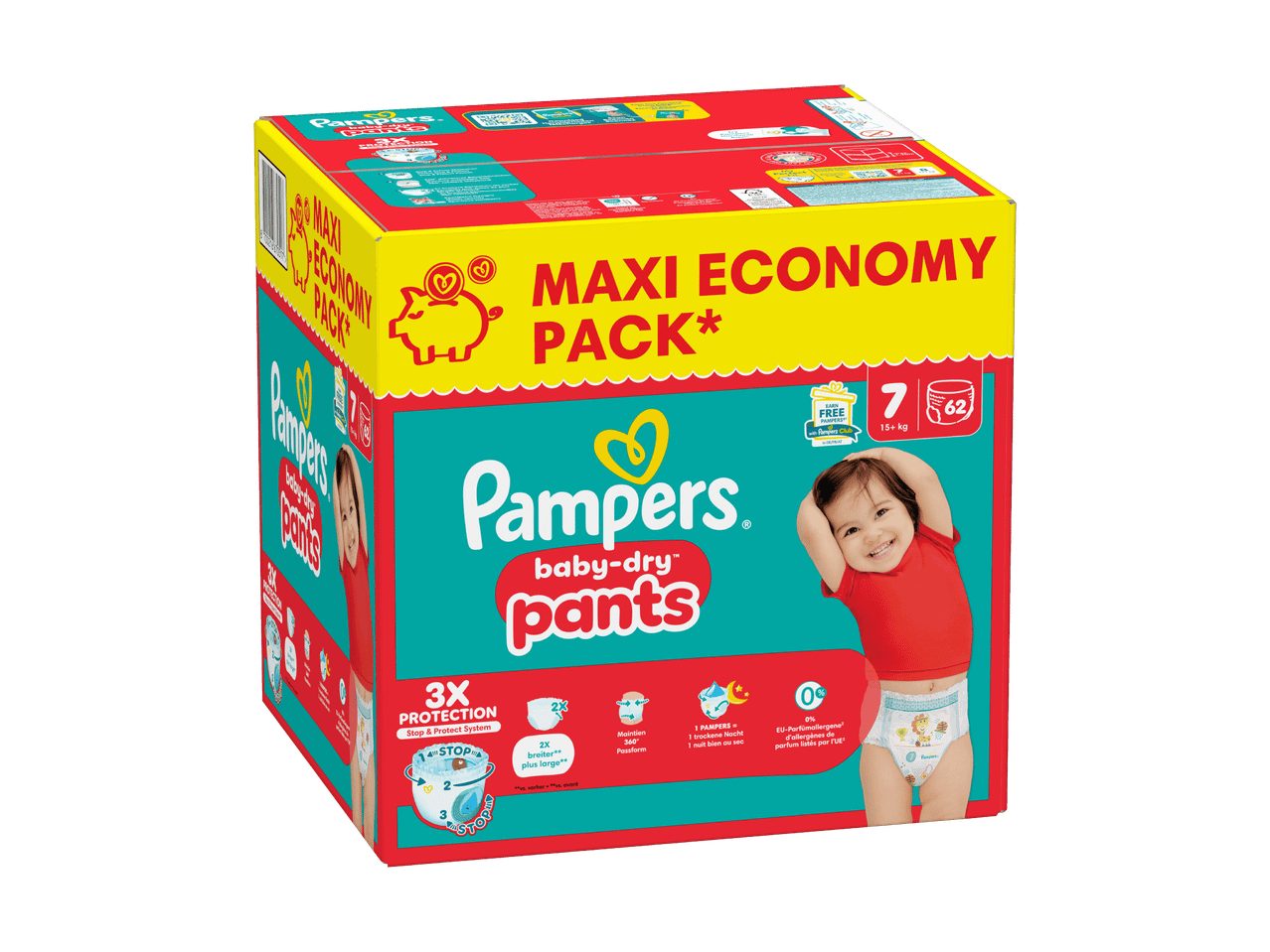 Pampers Baby-Dry Pants, Größe 7, Maxi Economy Pack mit 62 Windeln.