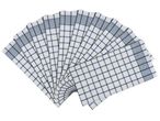 A fan-shaped arrangement of ten white kitchen towels with a navy blue gingham pattern.