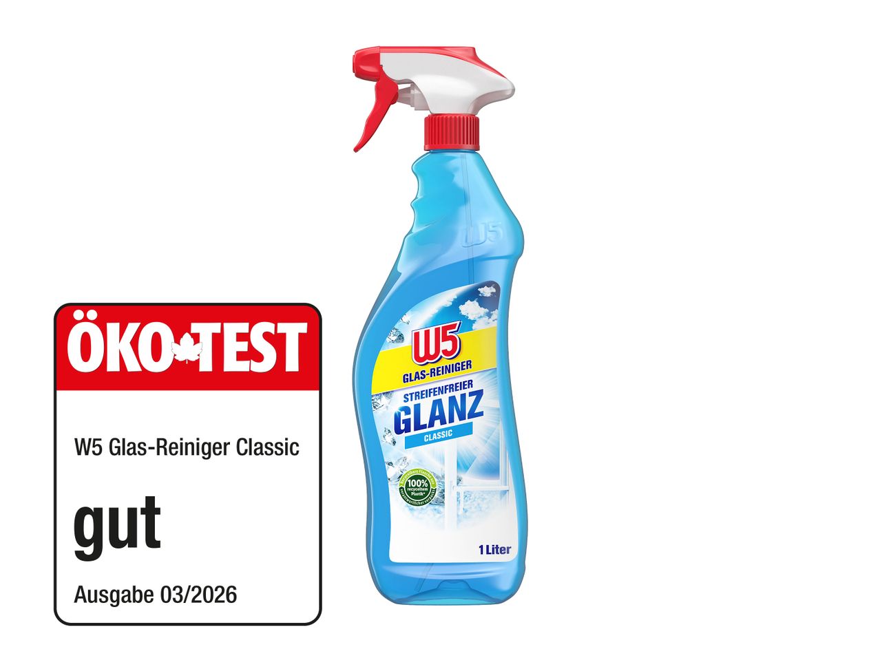 Blauer Glasreiniger mit Sprühkopf und ÖKO-TEST Auszeichnung 'gut'.