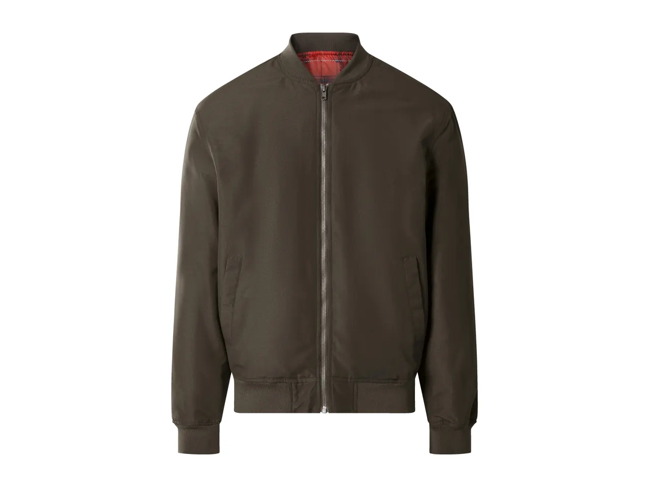 Dark green bomber jacket with a red plaid lining, front zipper, and ribbed cuffs.