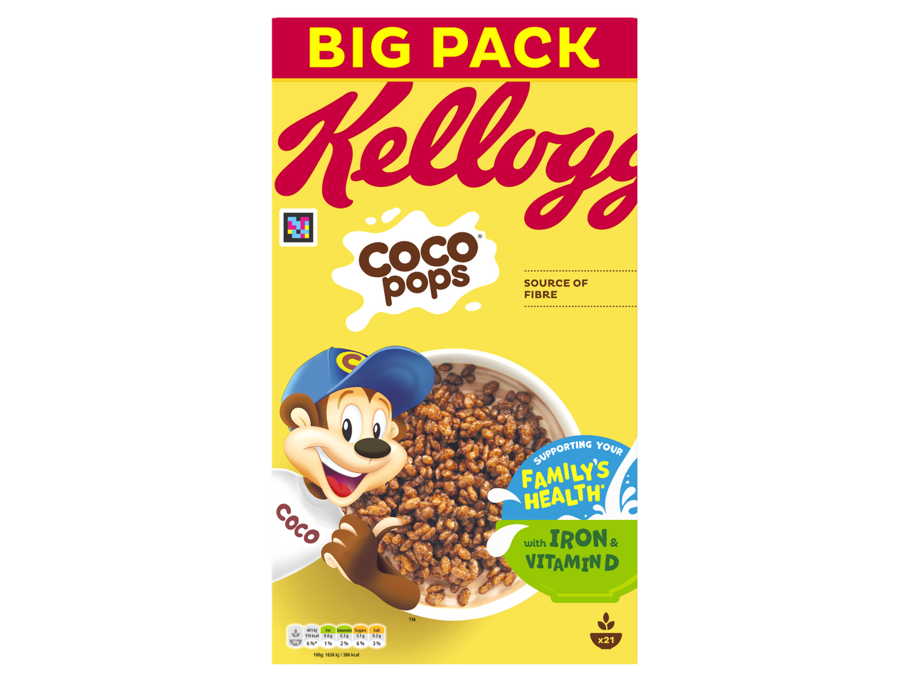 Kellogg's Coco Pops cereal box with Coco the Monkey and nutritional information.