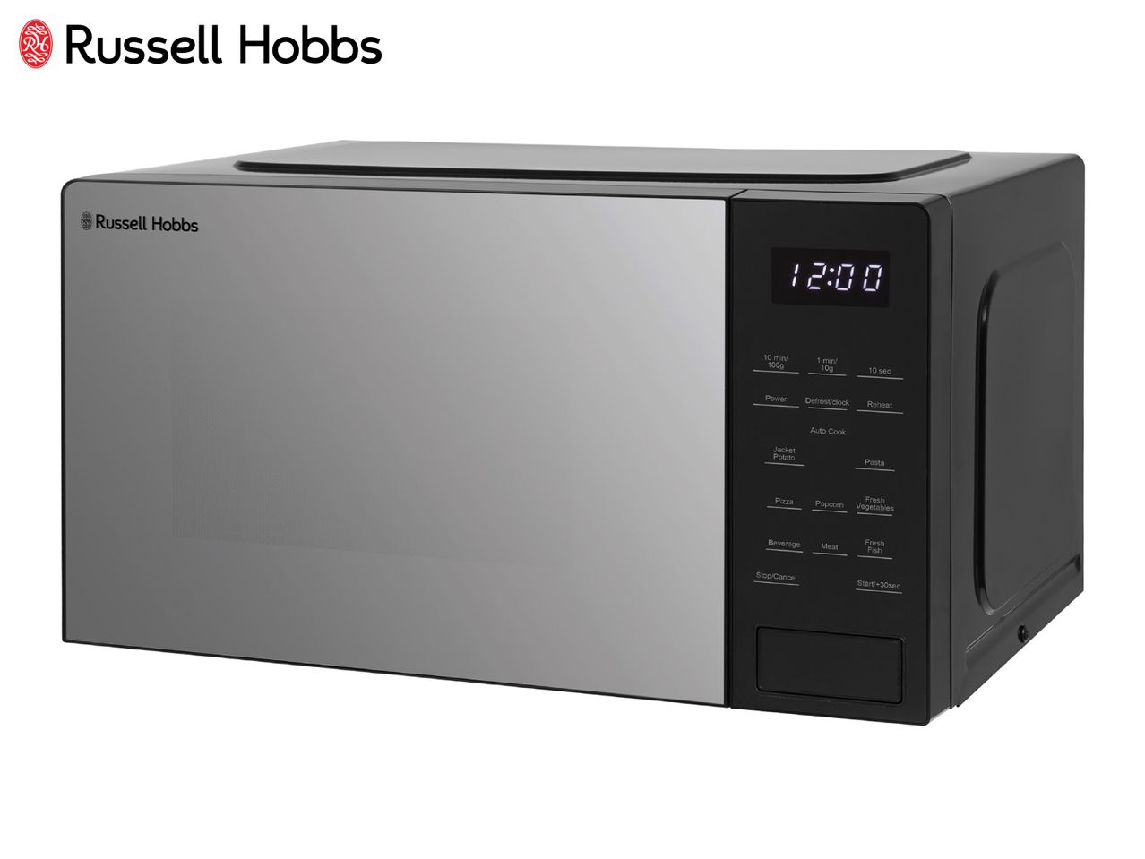 Silver and black microwave oven with a digital display showing 12:00 and various cooking functions.