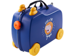 Blue kids' ride-on suitcase with yellow wheels and a lion graphic saying 'King of the Jungle'