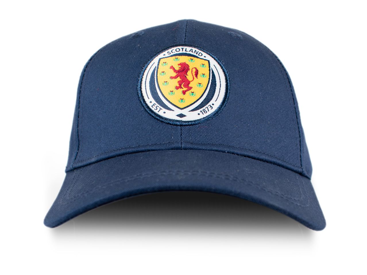 Navy blue baseball cap with a Scottish crest featuring a red lion and 'SCOTLAND EST 1873'.