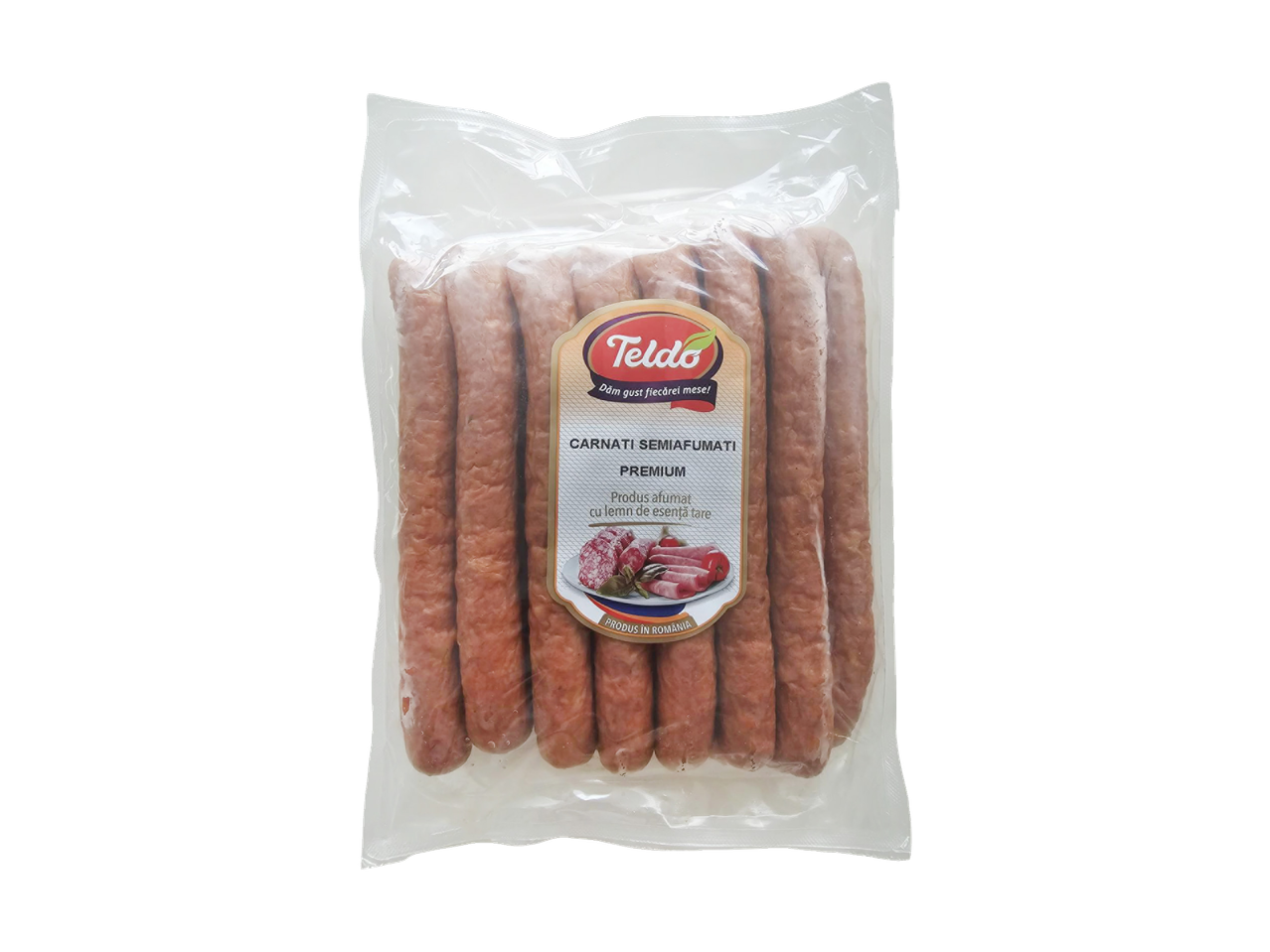 Cârnați semiafumați Teldo, premium, afumați cu lemn de esență tare, produs în România.