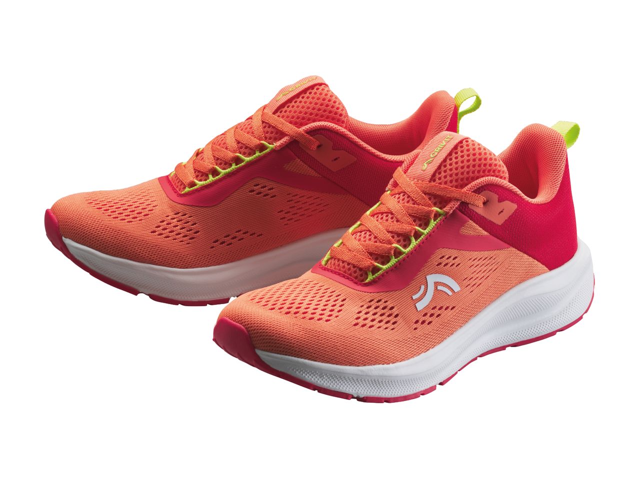 Pair of vibrant coral and pink athletic shoes with neon yellow accents.