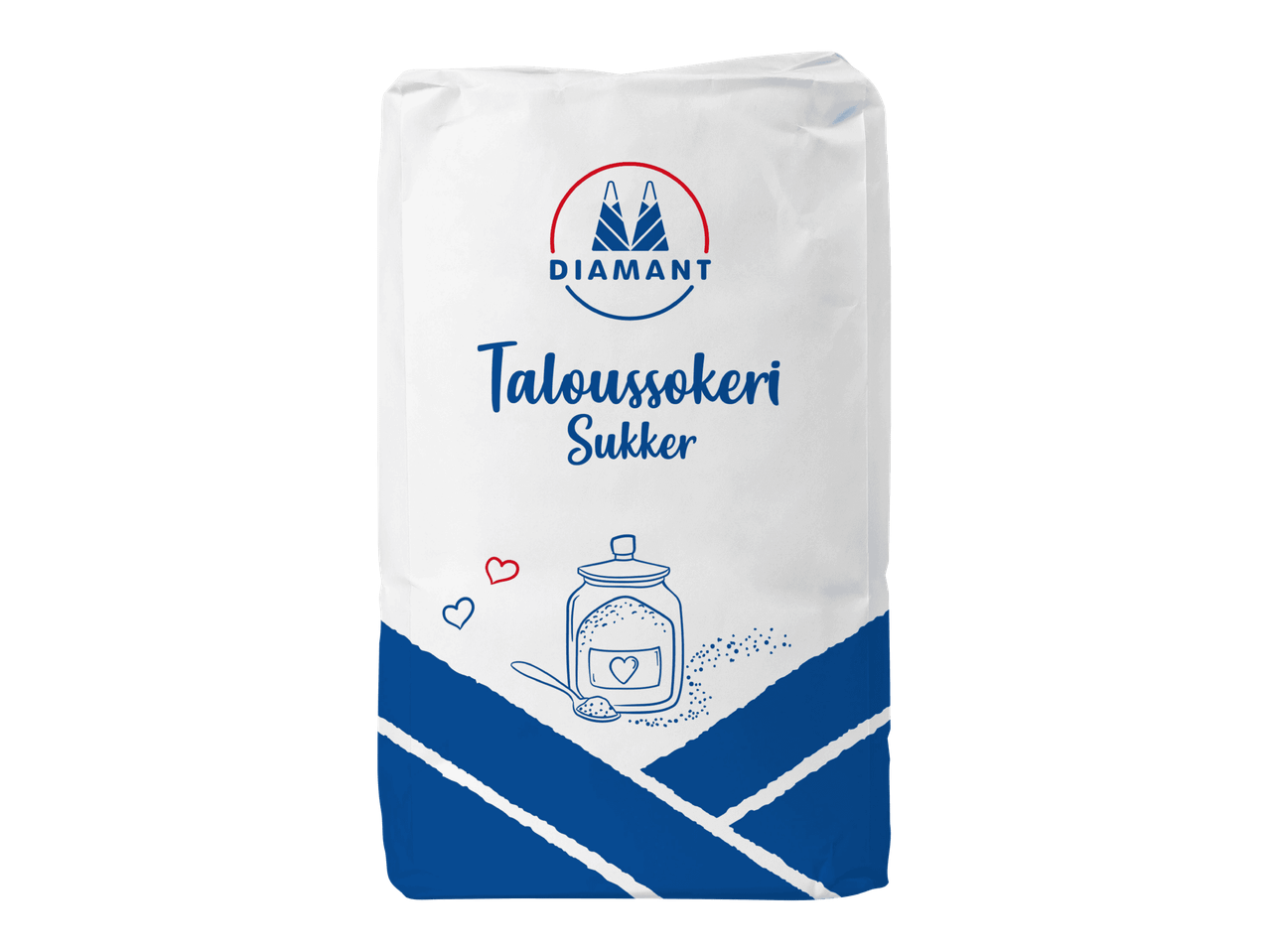 Valkoinen sokeripussi, jossa on sininen ja punainen logo ja tekstiä.