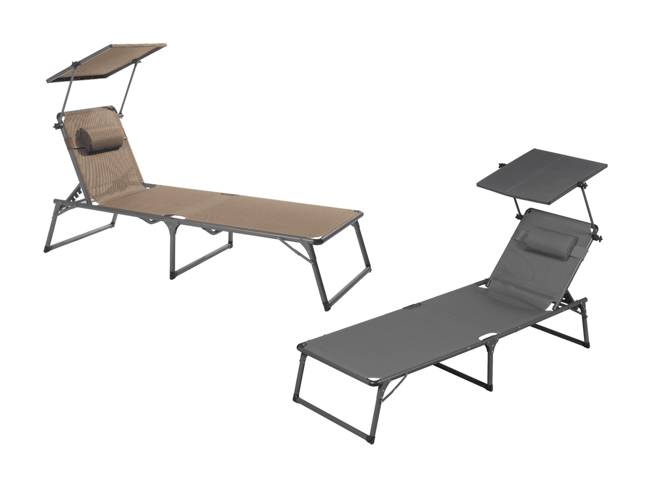 Zwei klappbare Sonnenliegen mit verstellbarem Sonnendach, eine braun und eine grau.
