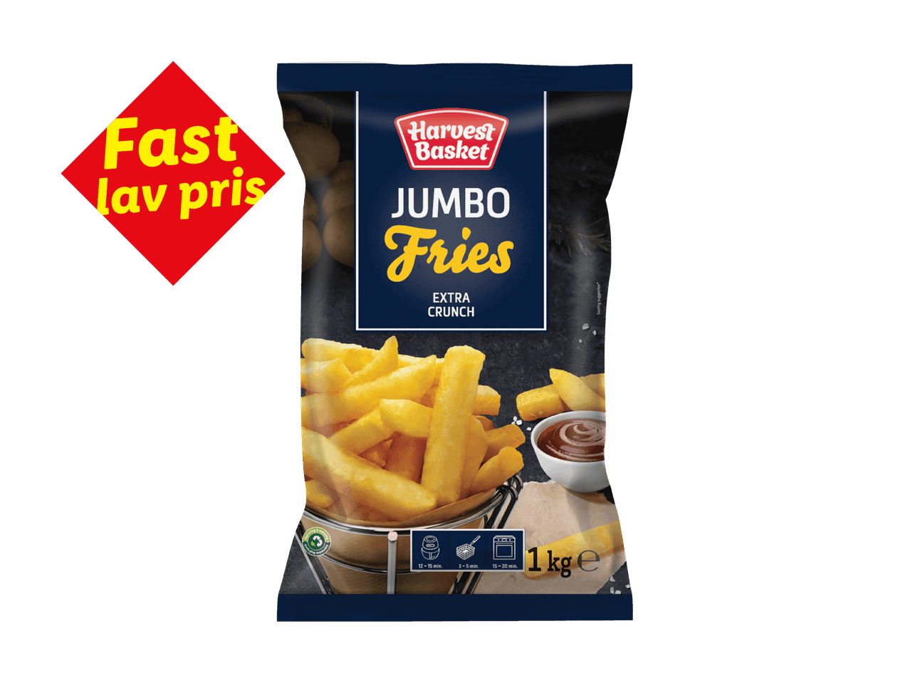 En pose frosne jumbo fritter med teksten 'Fast lav pris' i et rødt skilt.