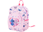Pink school backpack with Stitch and Angel characters, hearts, and text 