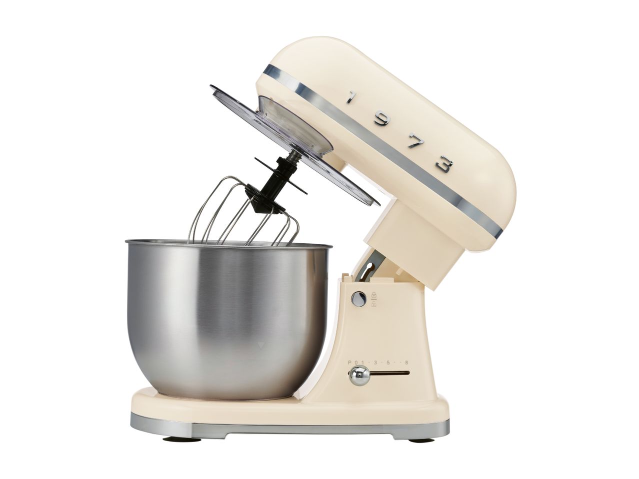Retro-style cream stand mixer with a stainless steel bowl and whisk attachment