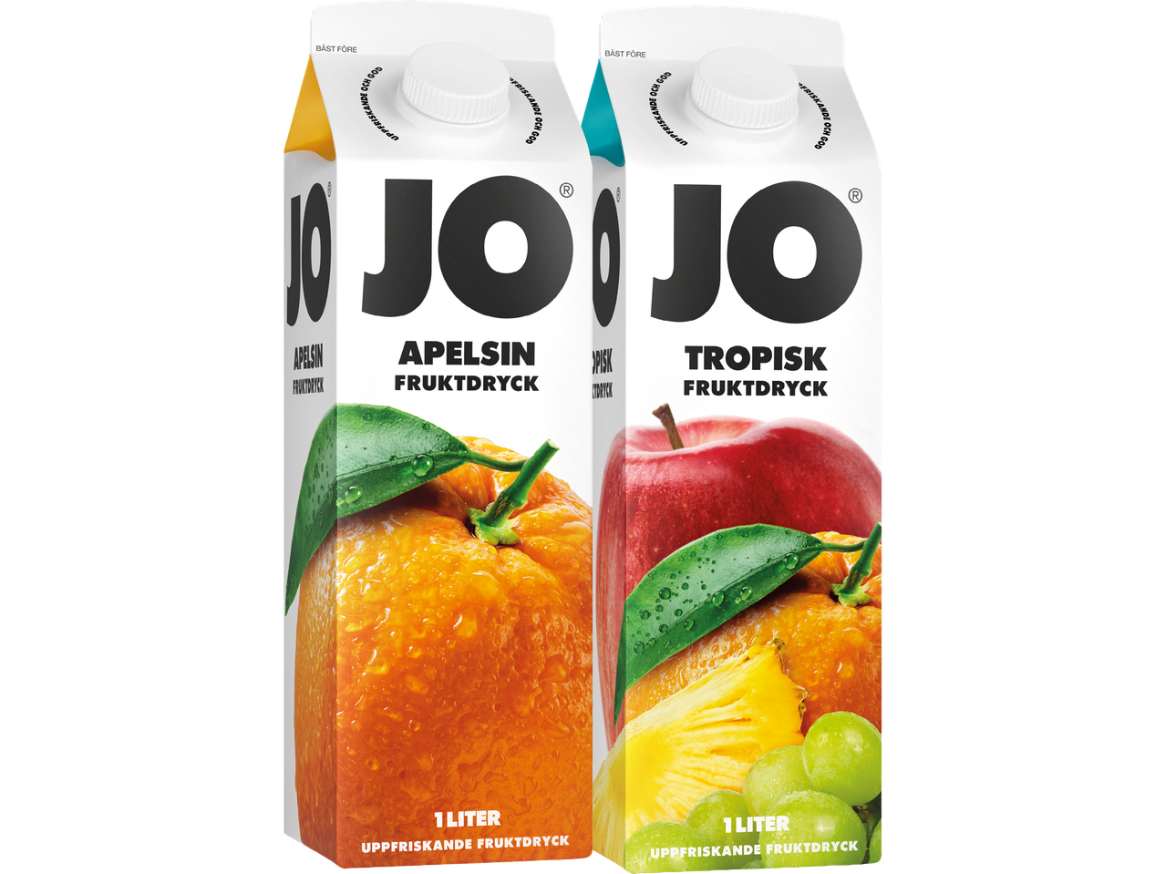 Två literförpackningar av JOJO fruktjuice, apelsin och tropisk.