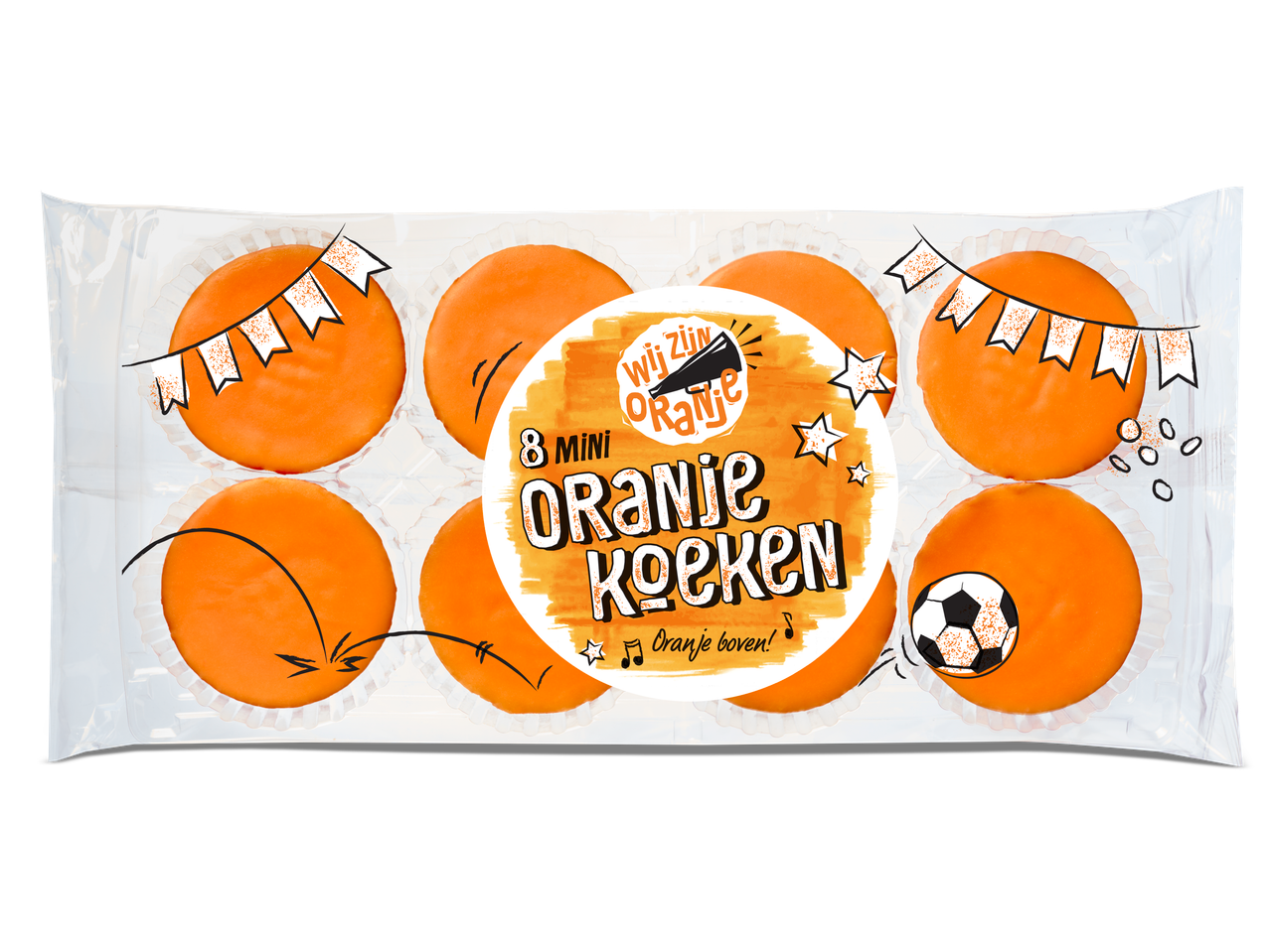 Verpakking met 8 mini oranje koeken, versierd met voetbalthema.
