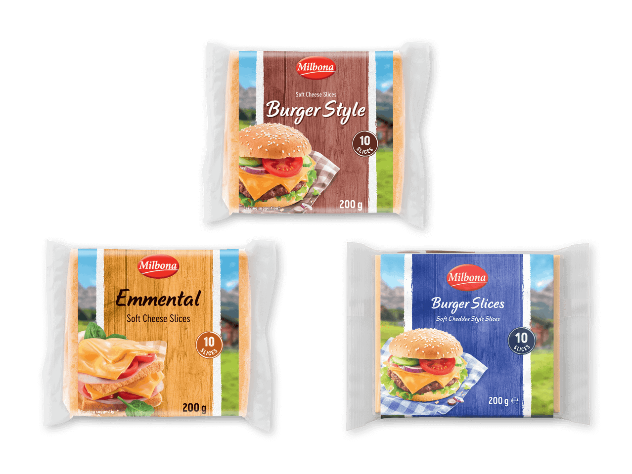 Tre pakker bløde osteskiver: Burger Style, Emmental og Burger Slices.