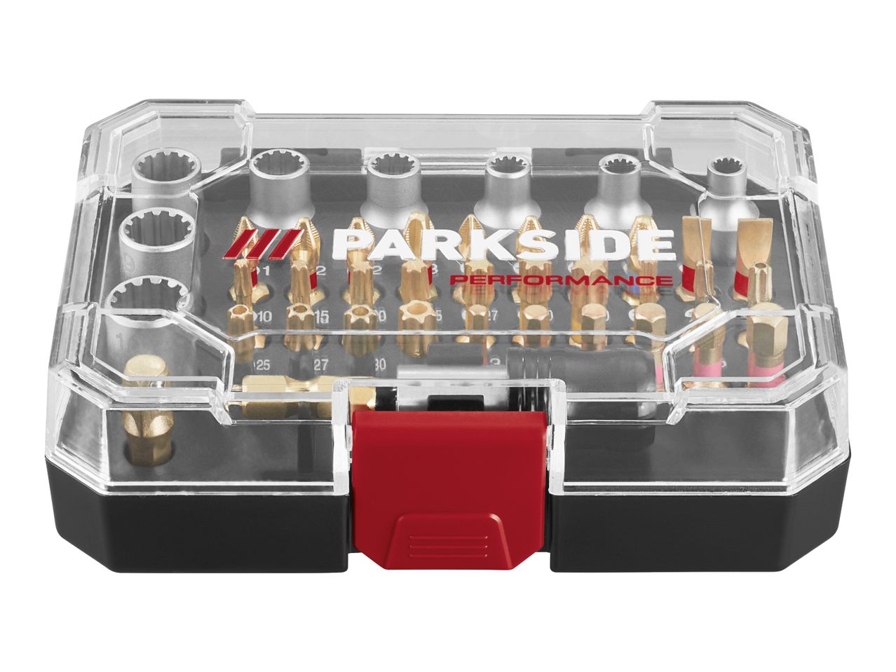 A set of screwdriver bits and sockets in a clear case with a red clasp, featuring gold-colored bits.