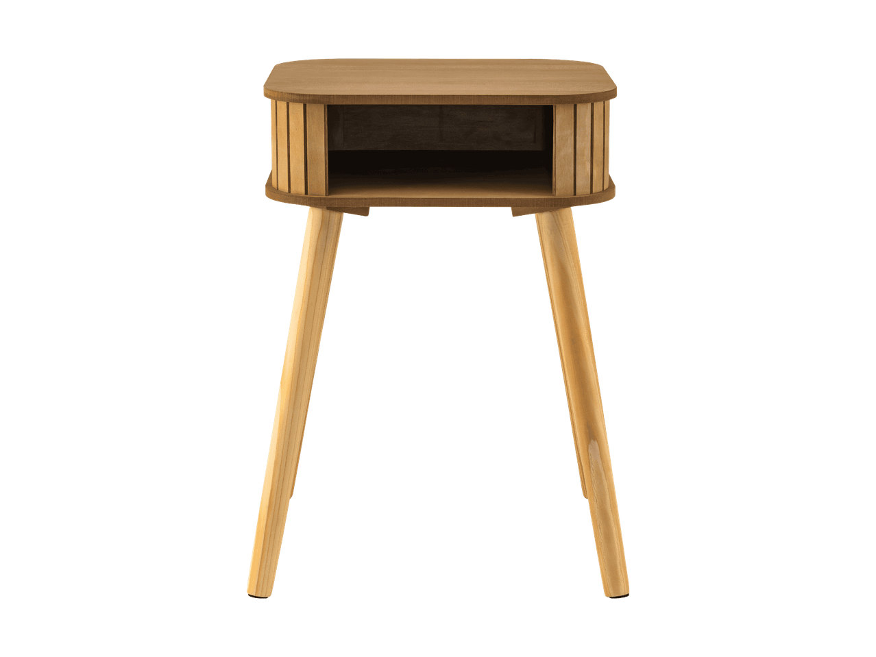 Tavolino da caffè in legno con ripiano aperto e gambe affusolate.