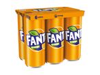 A six-pack of Fanta Orange soda cans in a cardboard carrier.