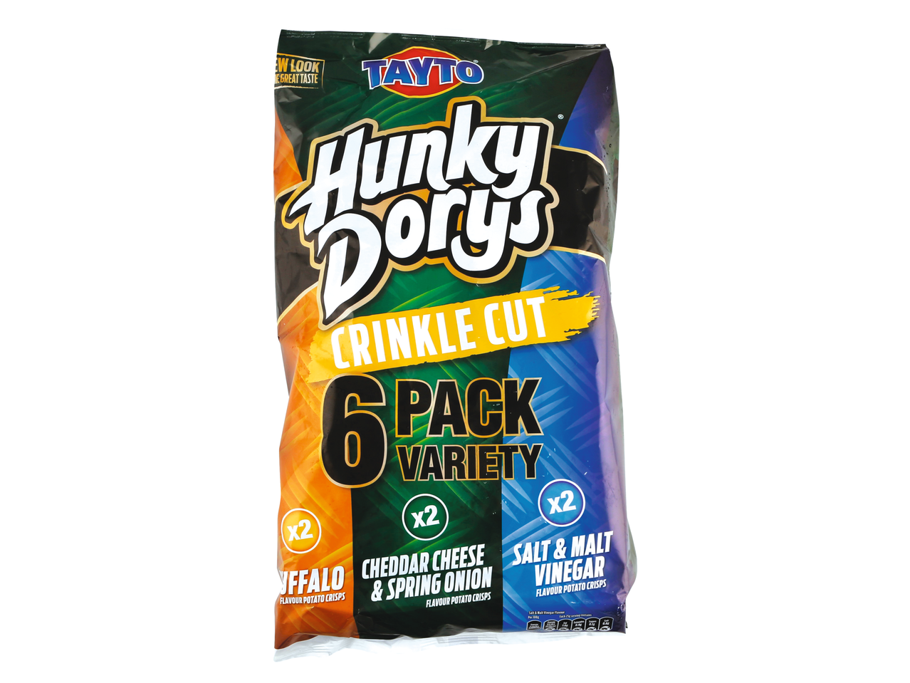 Tayto Hunky Dorys 6-pack crisps: Buffalo, Cheddar & Spring Onion, Salt & Malt Vinegar.